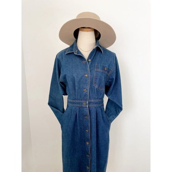 Vintage Jerell Denim Button Front MIDI Dress 70s Style Jumpsuit - Picture 4 of 10